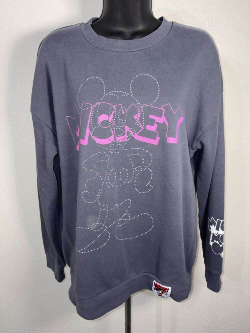 Disney Mickey Mouse Women’s Med Beaded Crewneck Sweatshirt Sleeve Image Patch